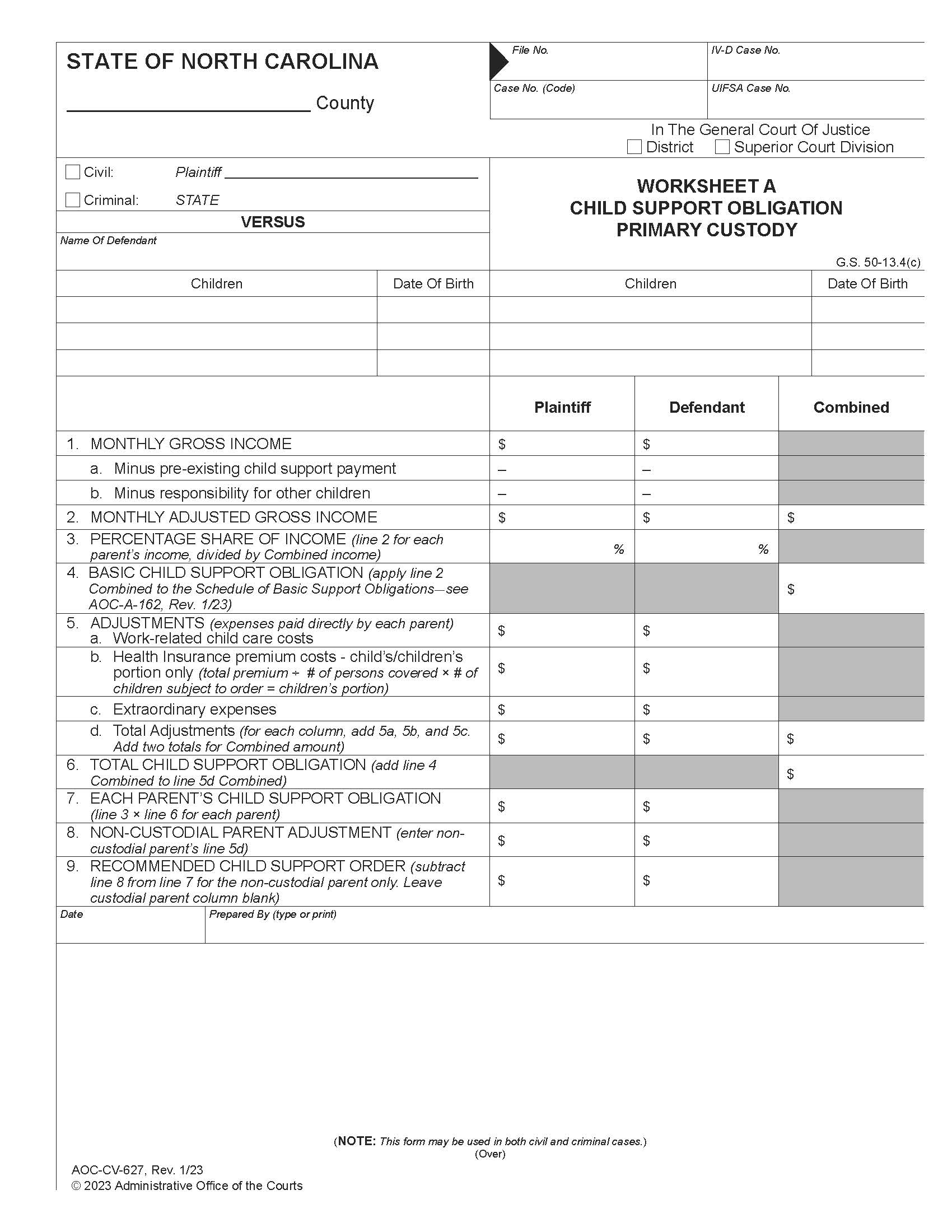 Worksheet A Child Support Obligation Sole Custody {CV-627} | Pdf Fpdf Doc Docx | North Carolina