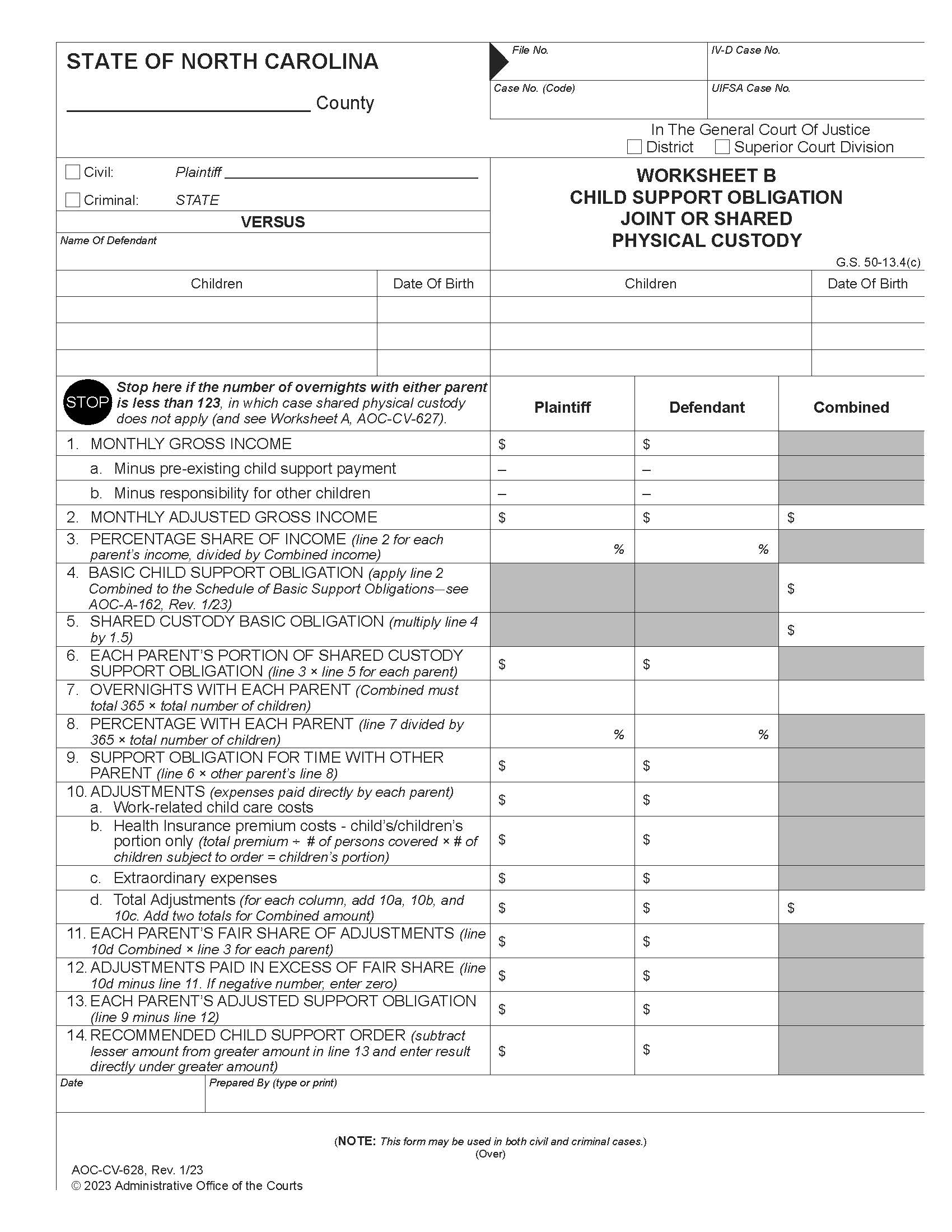 Worksheet B Child Support Obligation Joint Or Shared Physical Custody {CV-628} | Pdf Fpdf Doc Docx | North Carolina
