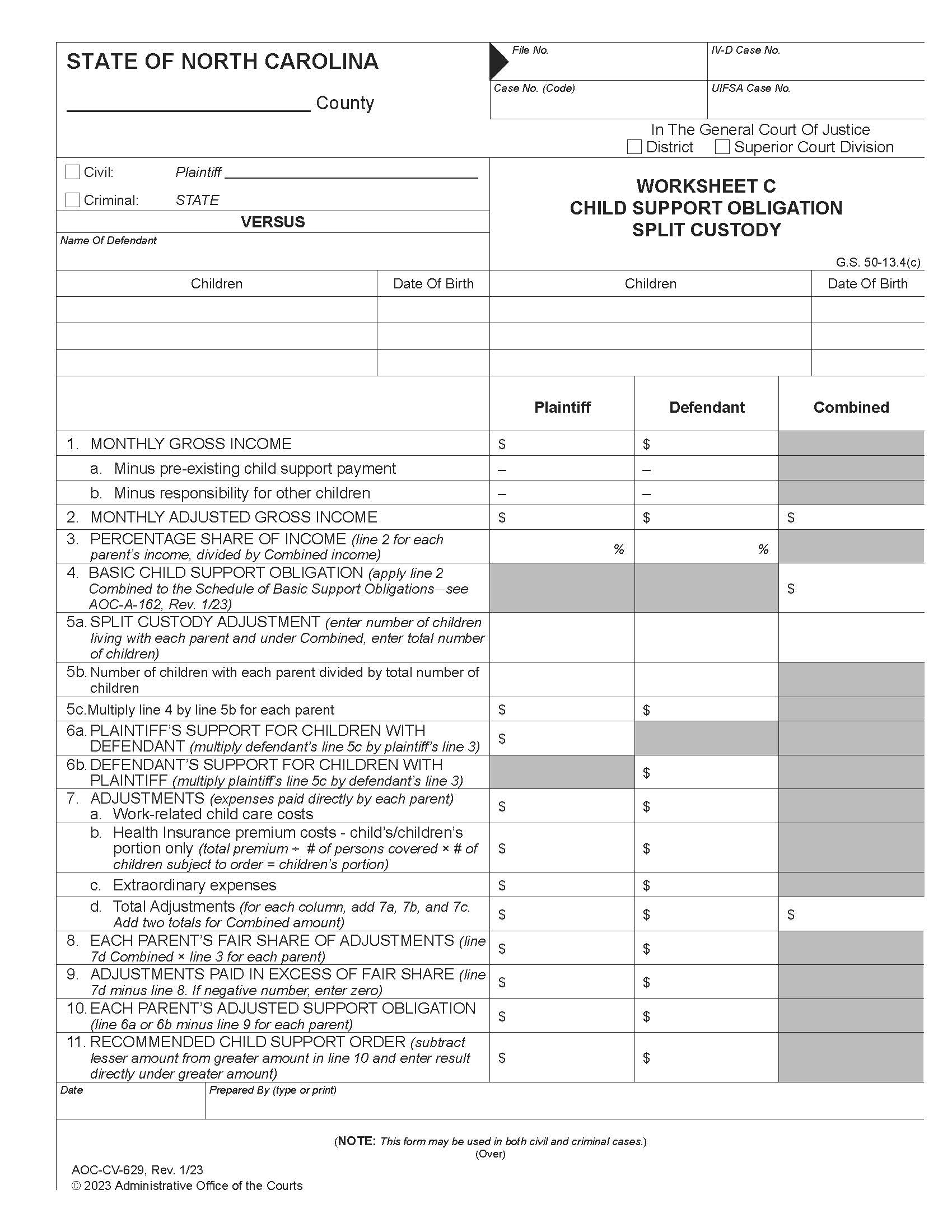 Worksheet C Child Support Obligation Split Custody {CV-629} | Pdf Fpdf Doc Docx | North Carolina