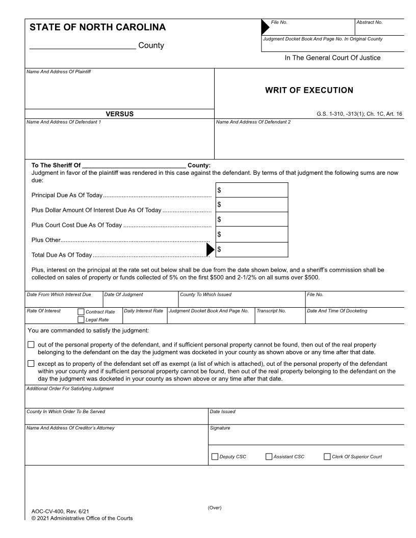 Writ Of Execution {CV-400} | Pdf Fpdf Doc Docx | North Carolina