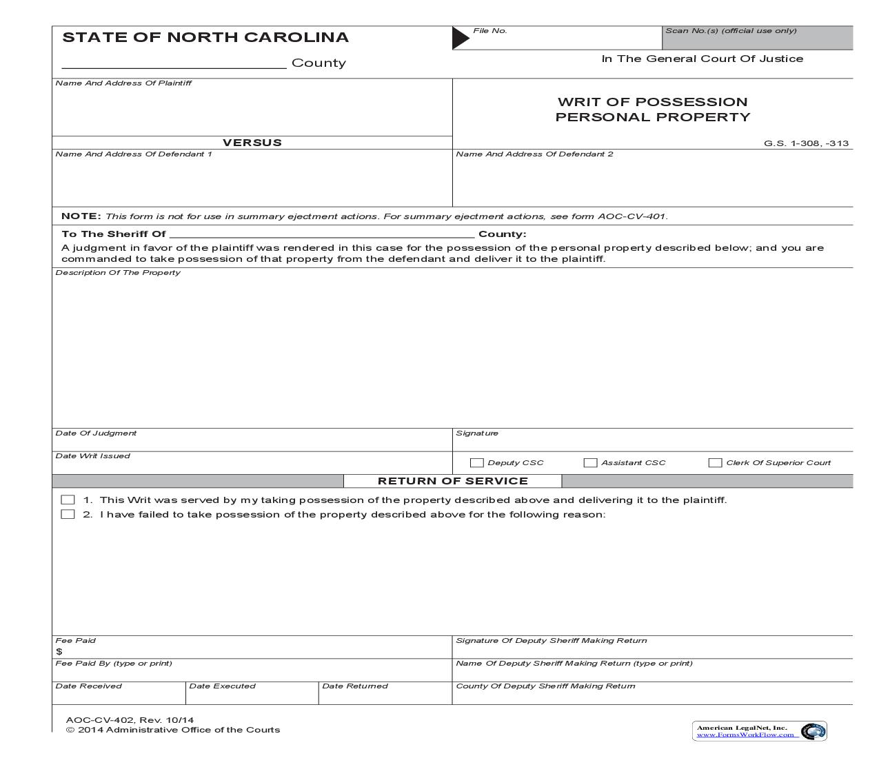 Writ Of Possession Personal Property {CV-402} | Pdf Fpdf Doc Docx | North Carolina