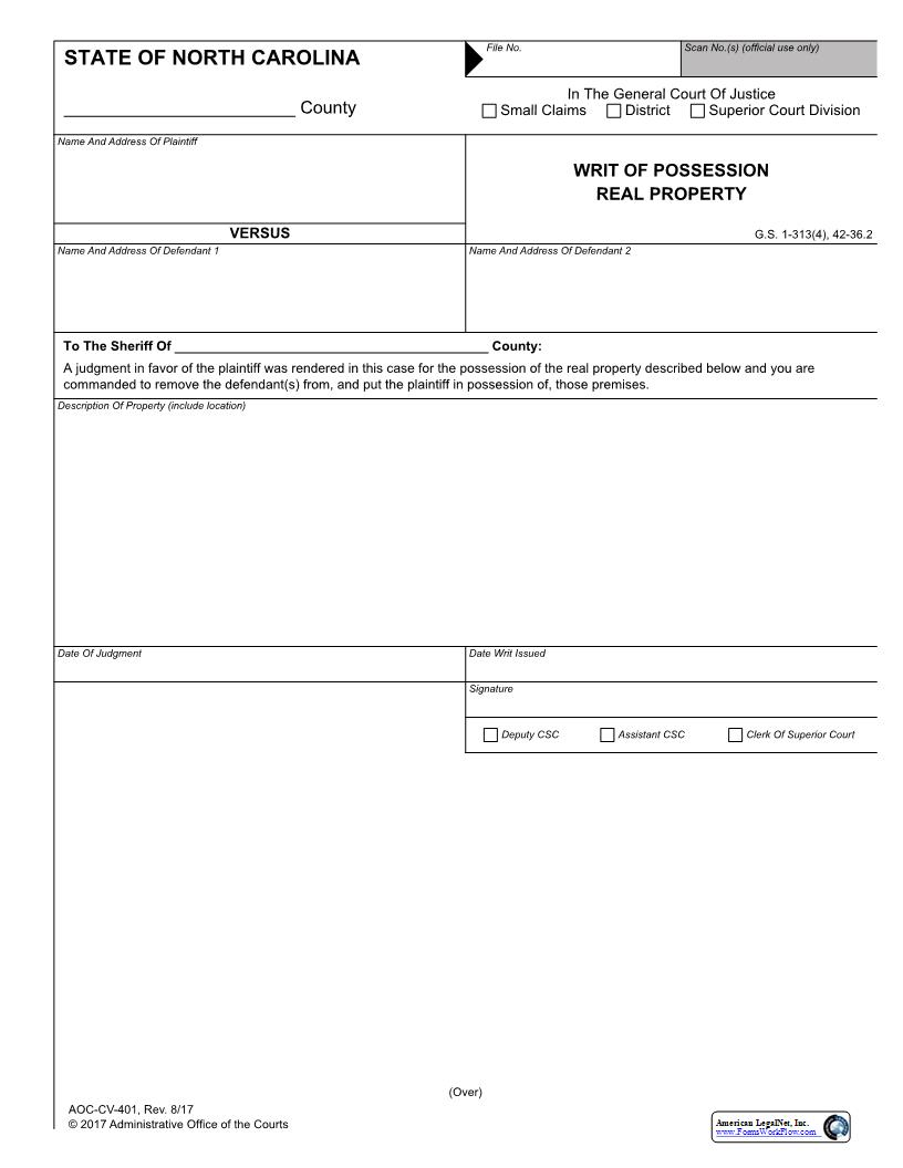 Writ Of Possession Real Property {CV-401} | Pdf Fpdf Docx | North Carolina
