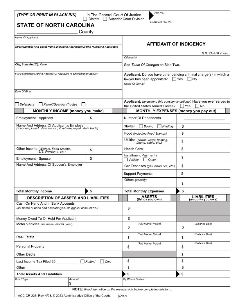 Affidavit Of Indigency {CR-226} | Pdf Fpdf Doc Docx | North Carolina