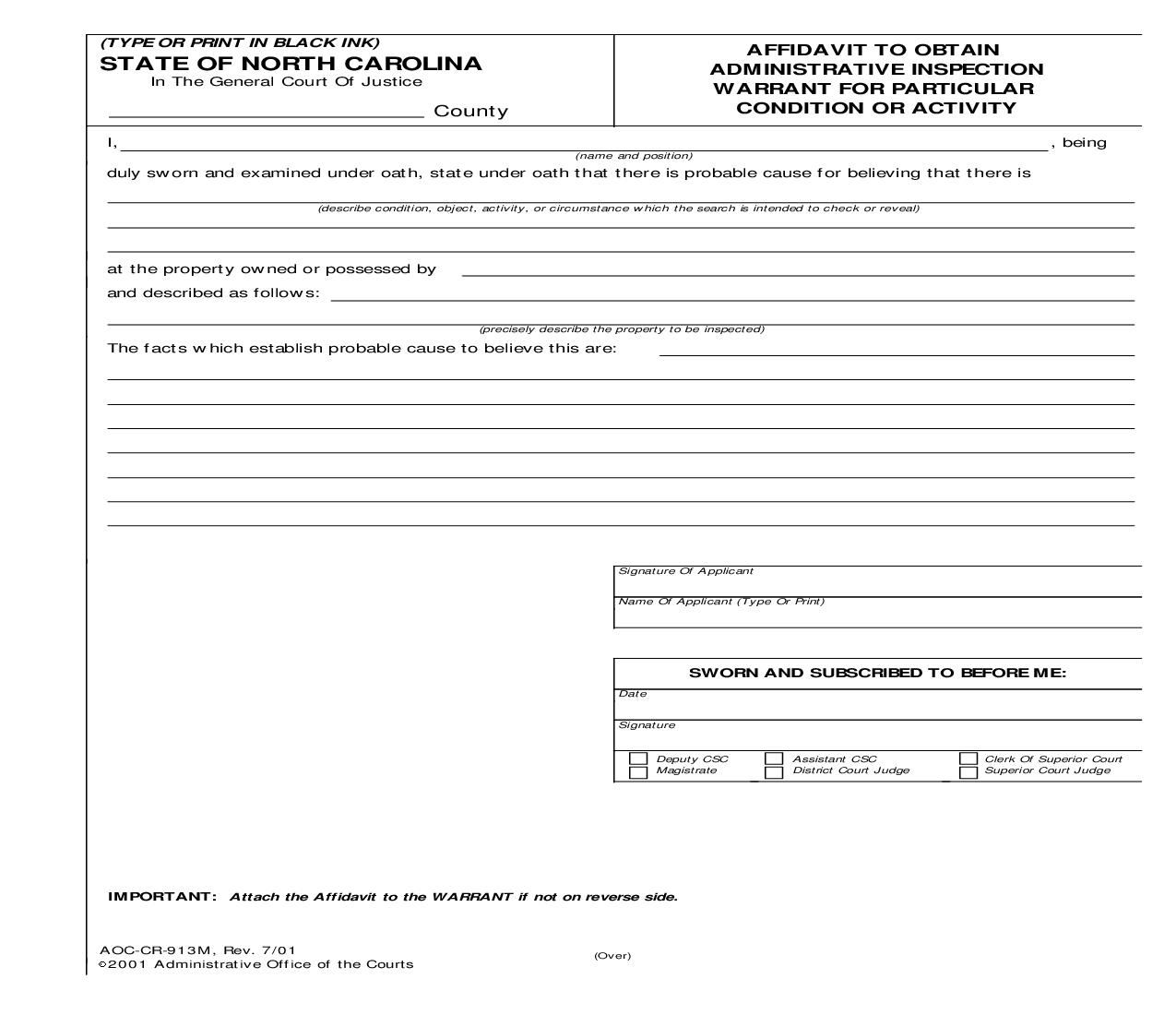 Affidavit To Obtain Administrative Inspection Warrant For Particular Condition Or Activity {CR-913M} | Pdf Fpdf Doc Docx | North Carolina