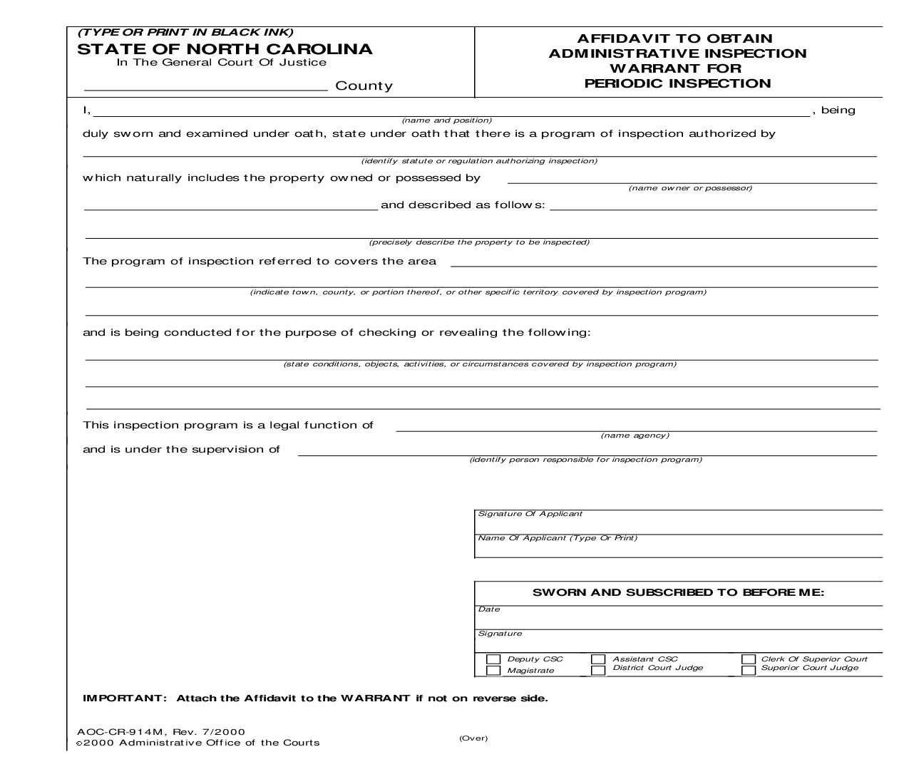 Affidavit To Obtain Administrative Inspection Warrant For Periodic Inspection {CR-914M} | Pdf Fpdf Doc Docx | North Carolina