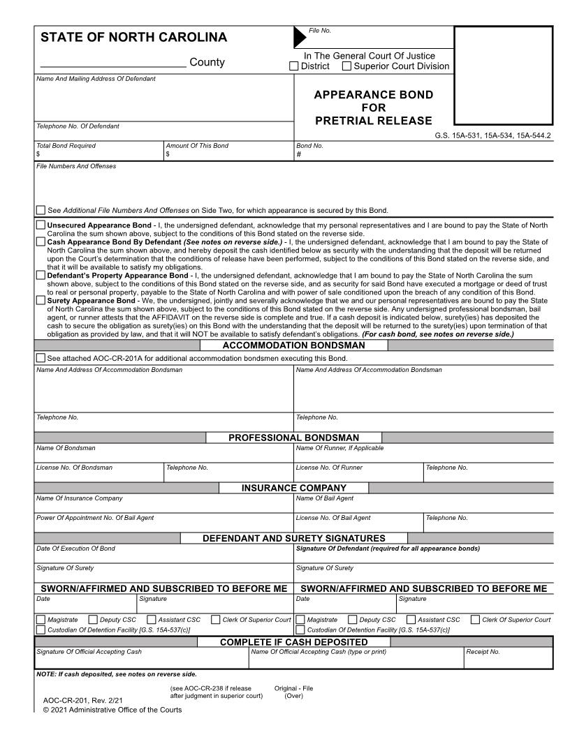 Appearance Bond For Pretrial Release {CR-201} | Pdf Fpdf Docx | North Carolina