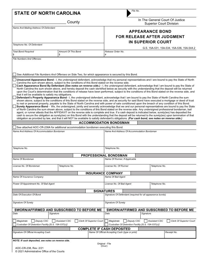 Appearance Bond For Release After Judgment In Superior Court {CR-238} | Pdf Fpdf Docx | North Carolina