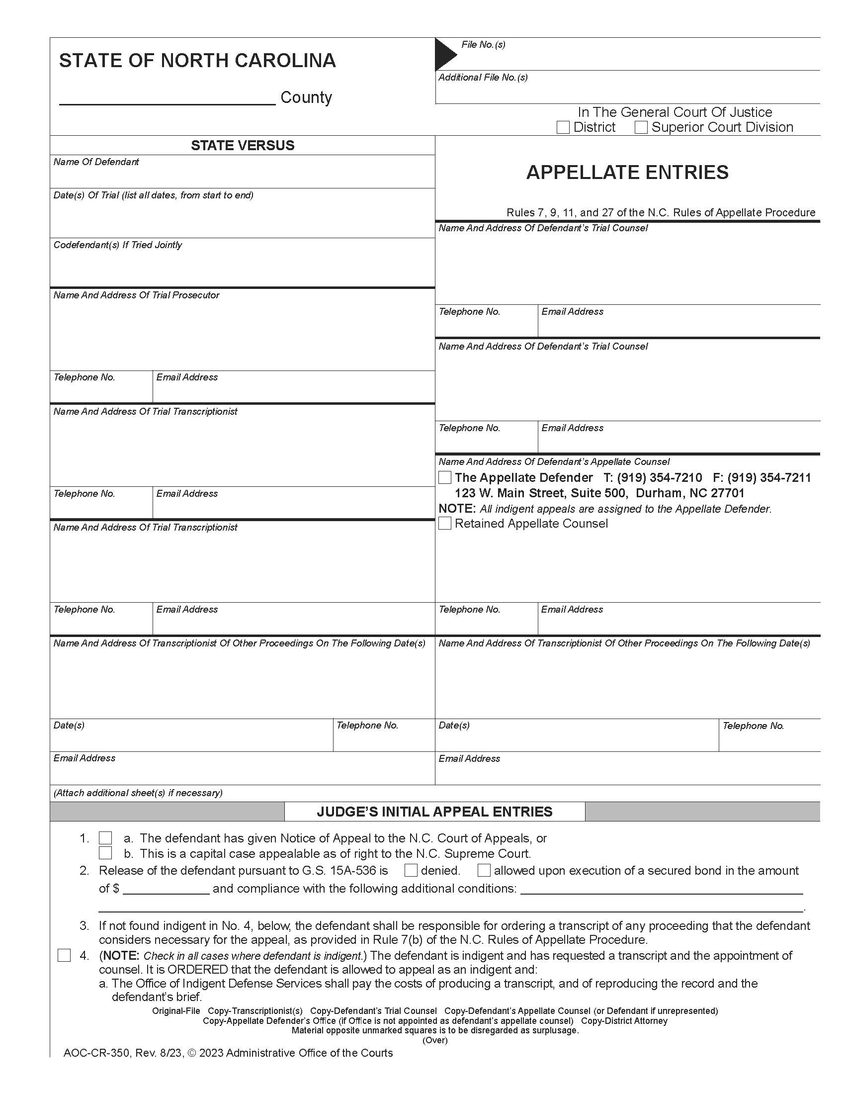 Appellate Entries {CR-350} | Pdf Fpdf Doc Docx | North Carolina