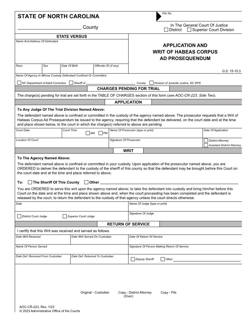 Application And Writ Of Habeas Corpus Ad Prosequendum {CR-223} | Pdf Fpdf Docx | North Carolina