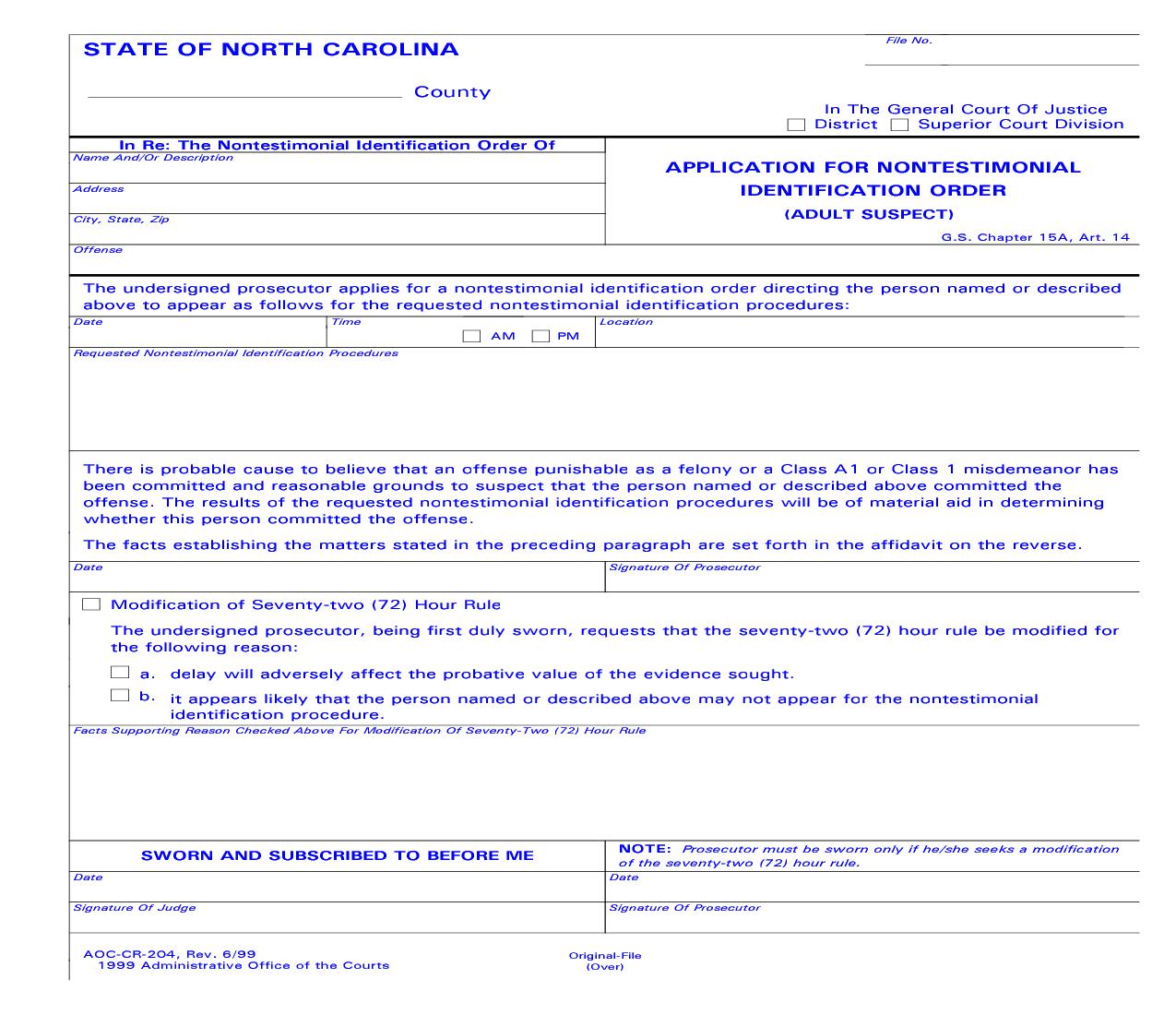 Application For Nontestimonial Identification Order {CR-204} | Pdf Fpdf Doc Docx | North Carolina