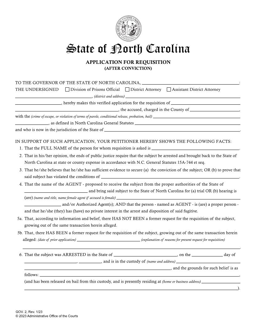 Application For Requisition-After Conviction {GOV.2} | Pdf Fpdf Doc Docx | North Carolina