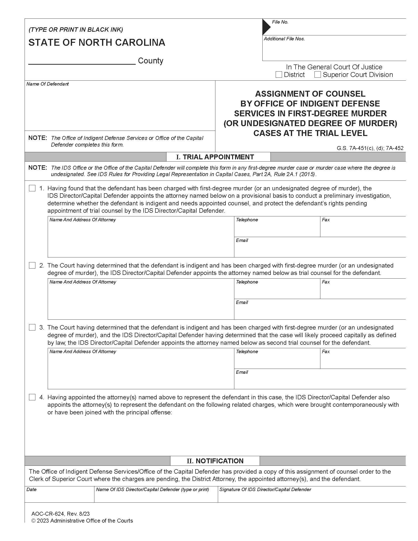 Assignment Of Counsel By Office Of Indigent Defense Services In First Degree Murder Or Undesignated Degree Of Murder Cases {CR-624} | Pdf Fpdf Doc Docx | North Carolina