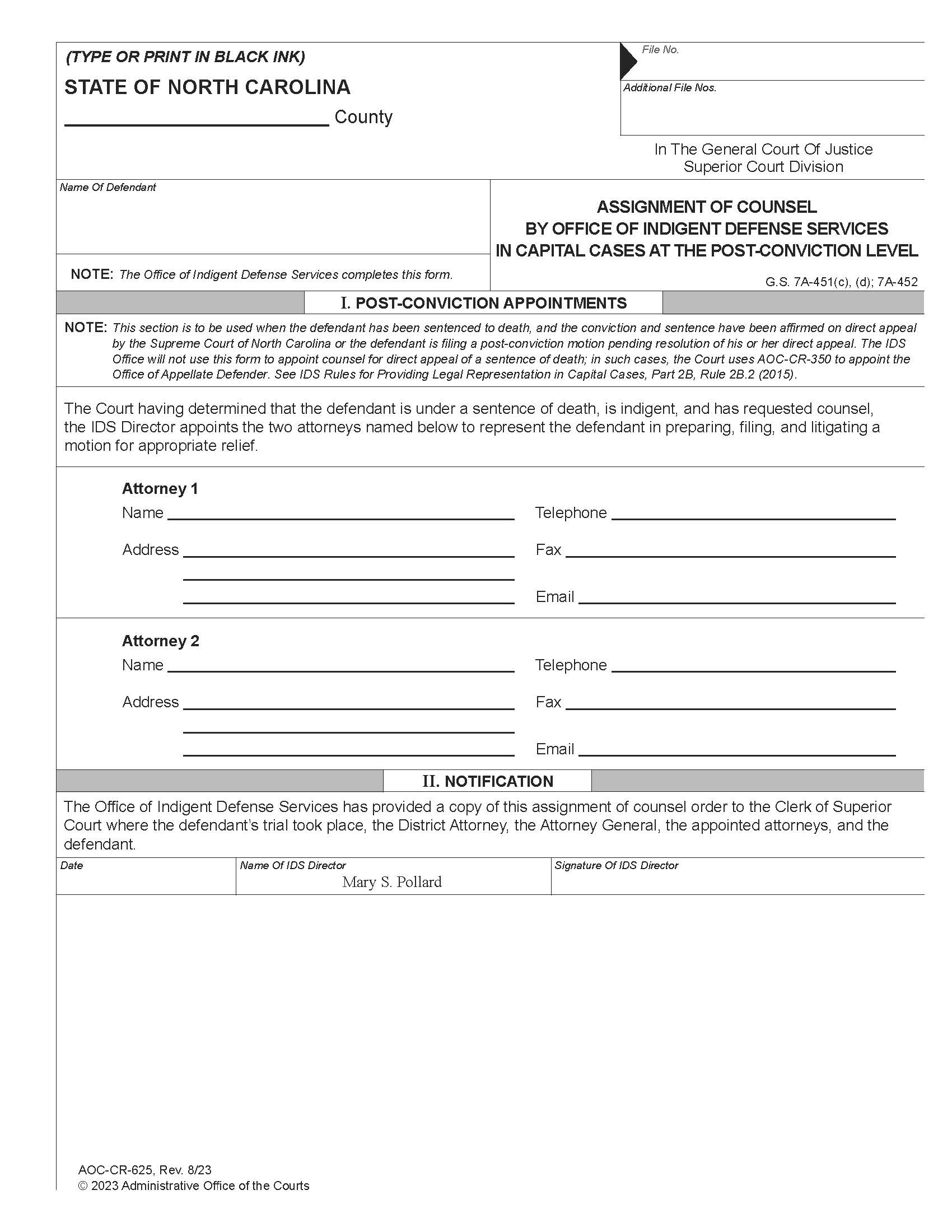 Assignment Of Counsel by Office Of Indigent Defense Services In Capital Cases At Post Conviction Level {CR-625} | Pdf Fpdf Doc Docx | North Carolina