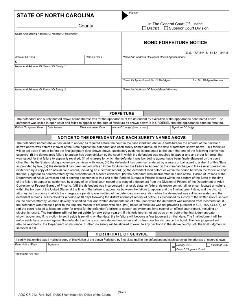 Bond Forfeiture Notice {CR-213} | Pdf Fpdf Docx | North Carolina