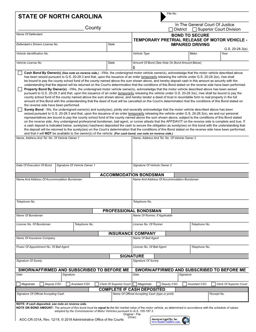 Bond To Secure Temporary Pretrial Release Of Motor Vehicle Impaired Driving {CR-331A} | Pdf Fpdf Docx | North Carolina