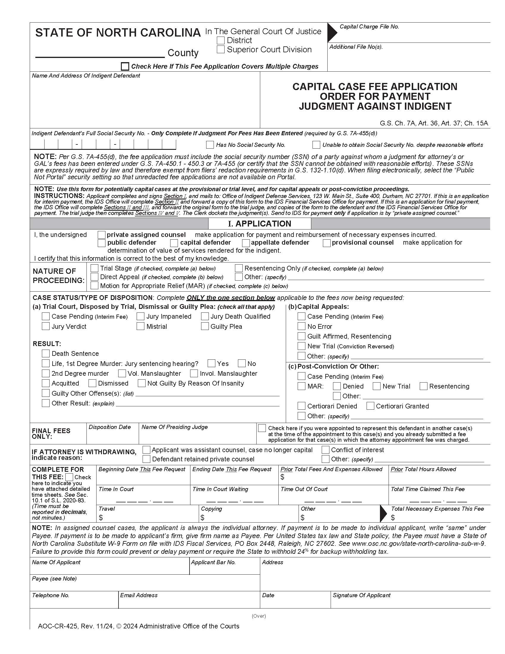 Capital Case Fee Application Order For Payment Judgment Against Indigent  {CR-425} | Pdf Fpdf Doc Docx | North Carolina