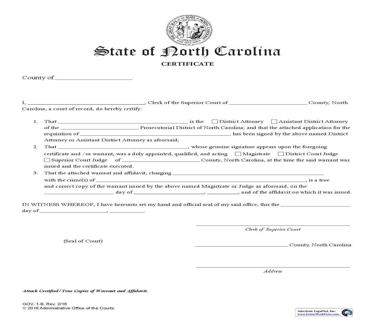 Certificate -Warrant Certification {GOV.1-B} | Pdf Fpdf Doc Docx | North Carolina