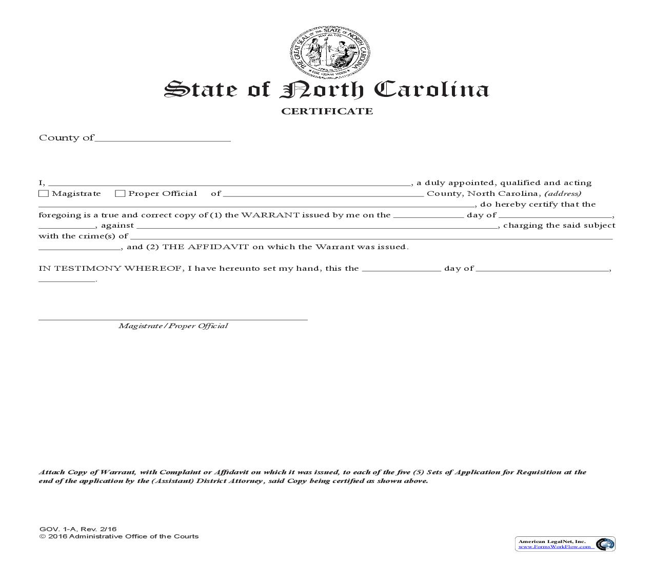 Certificate -Warrant Or Affidavit {GOV.1-A} | Pdf Fpdf Doc Docx | North Carolina