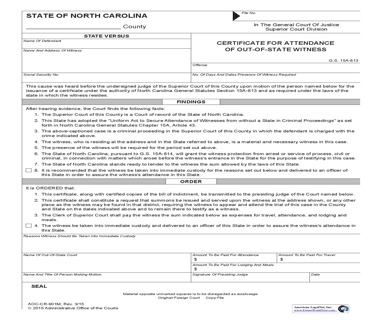 Certificate For Attendance Of Out Of State Witness {CR-901M} | Pdf Fpdf Doc Docx | North Carolina