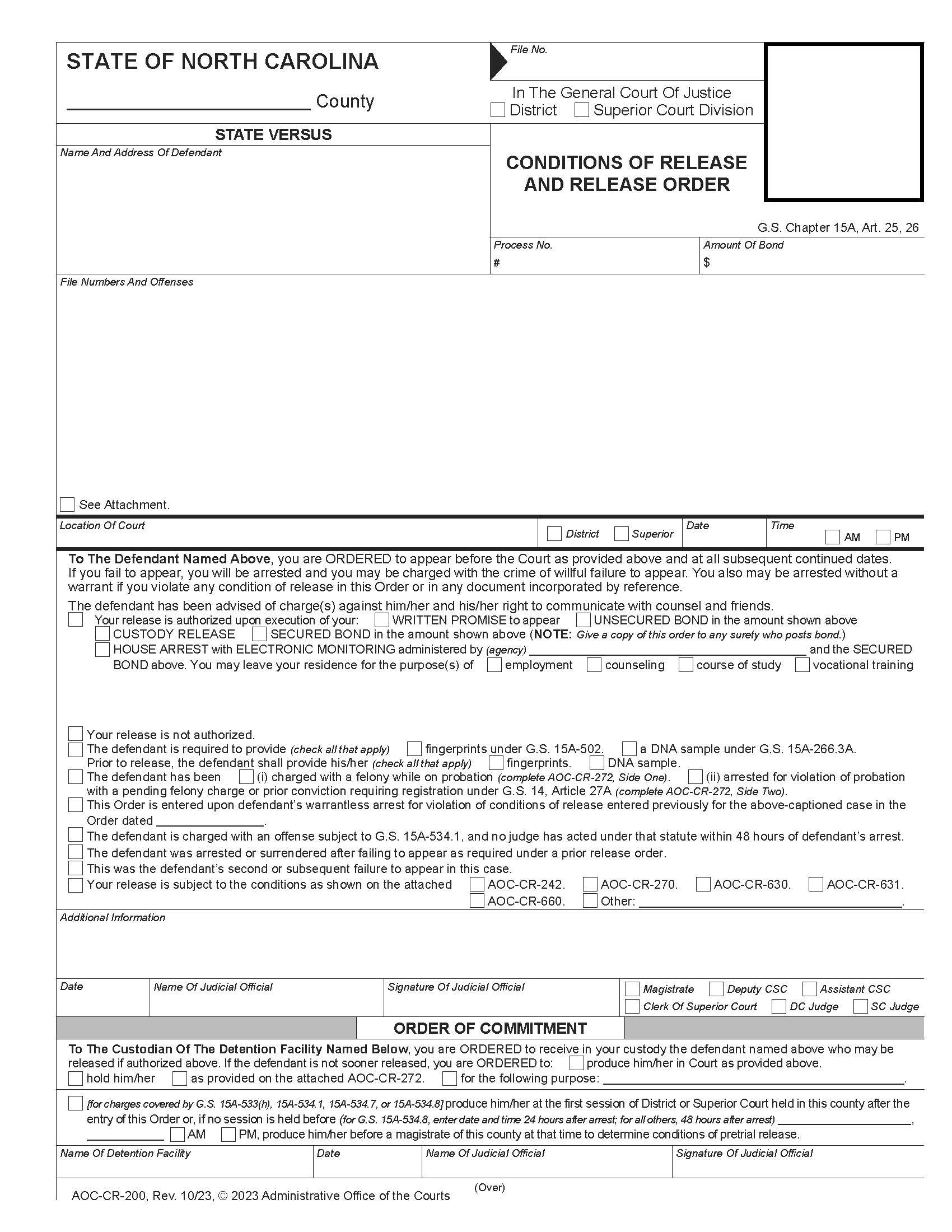 Conditions Of Release And Release Order {CR-200} | Pdf Fpdf Docx | North Carolina