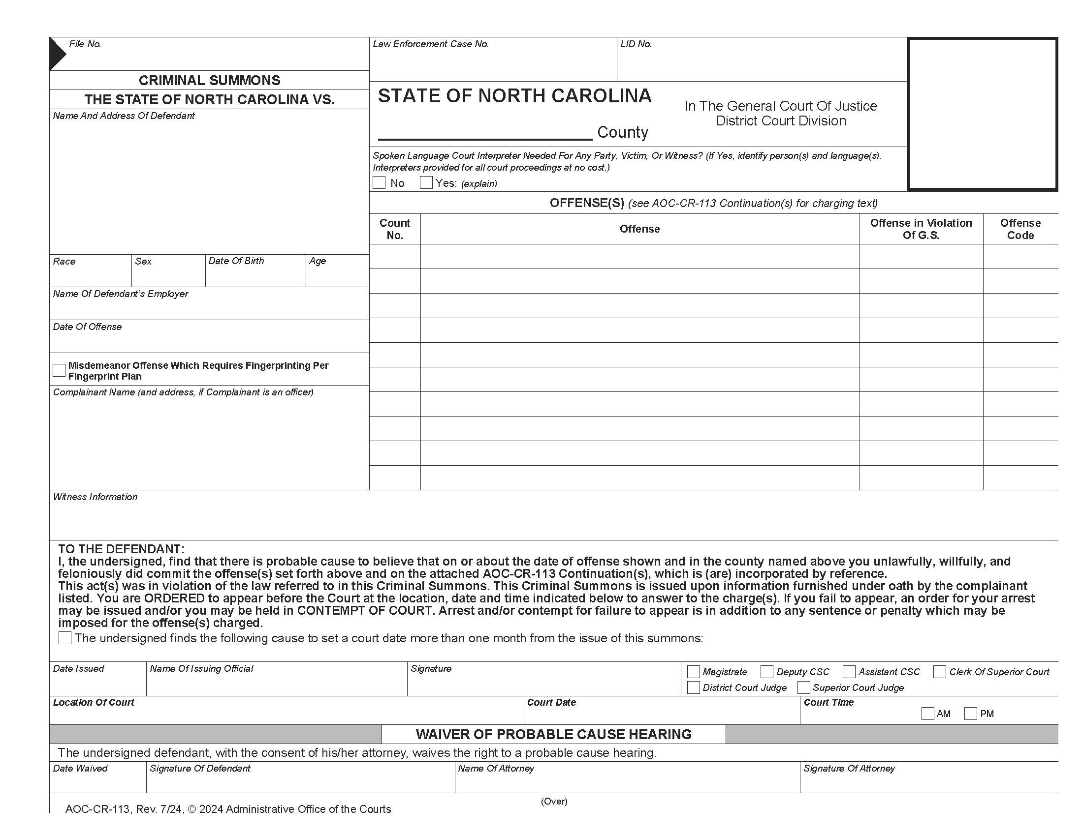Criminal Summons {CR-113} | Pdf Fpdf Doc Docx | North Carolina