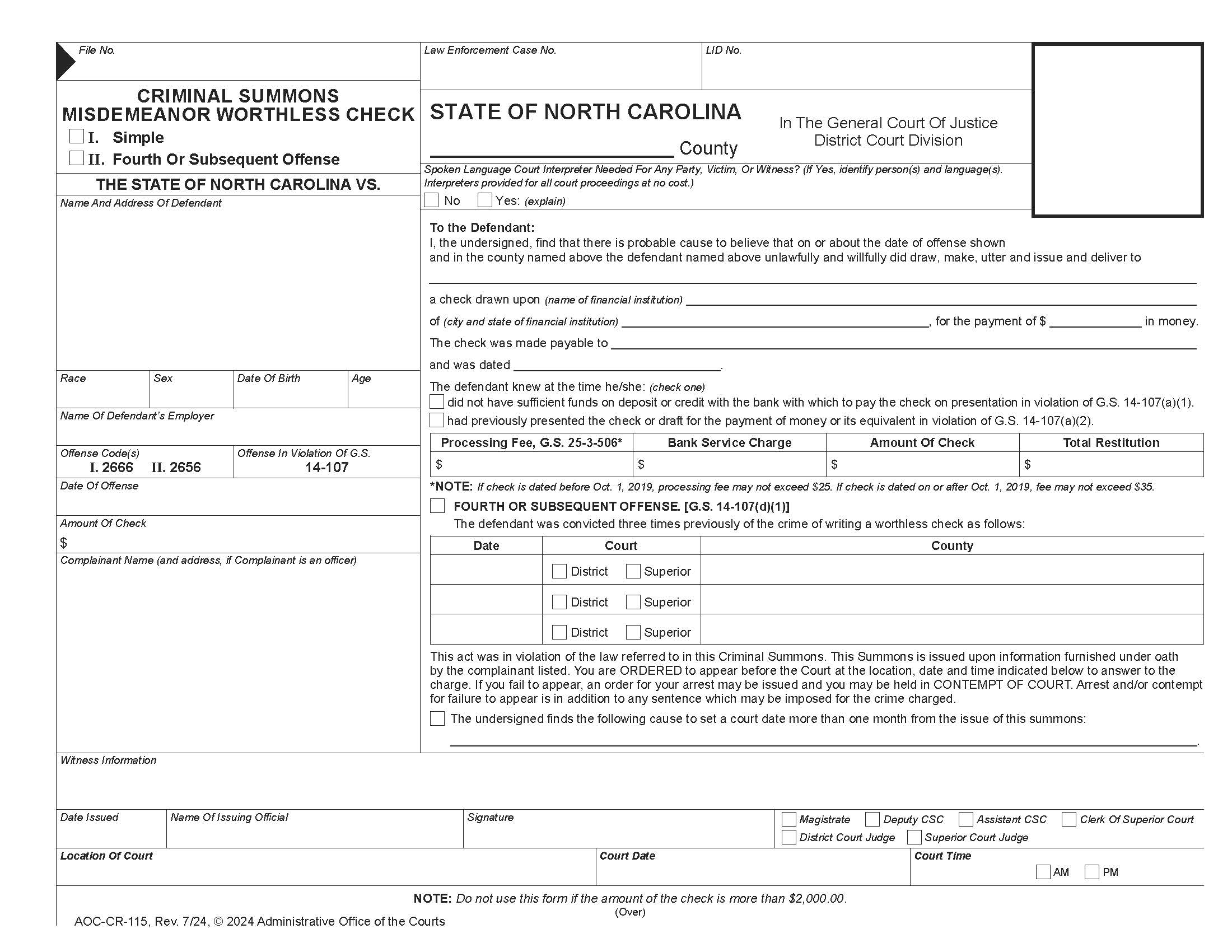 Criminal Summons Misdemeanor Worthless Check {CR-115} | Pdf Fpdf Doc Docx | North Carolina