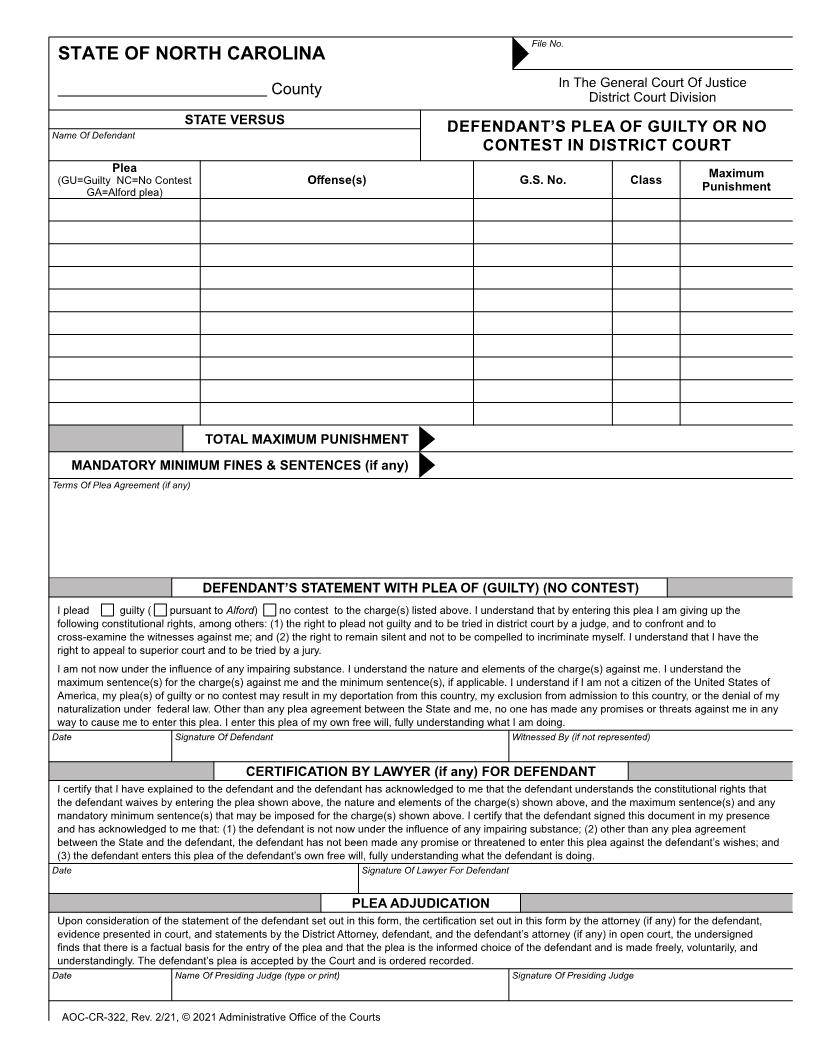Defendants Plea Of Guilty Or No Contest In District Court {CR-322} | Pdf Fpdf Doc Docx | North Carolina