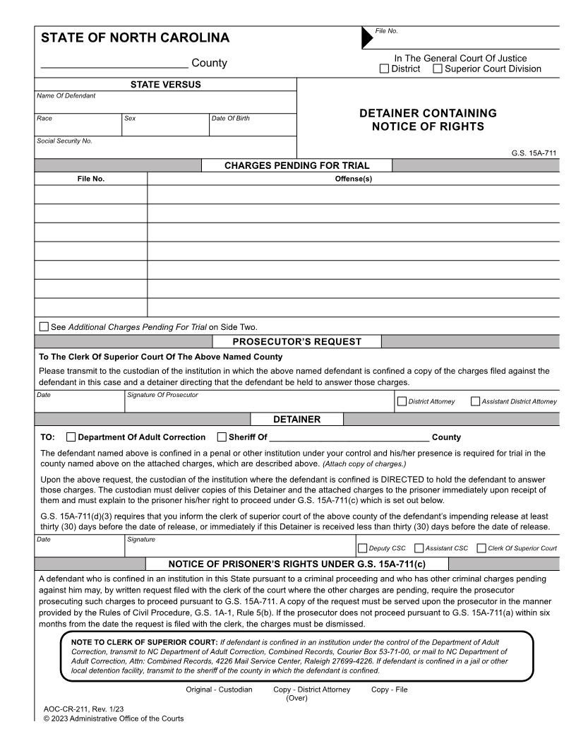 Detainer Containing Notice Of Rights {CR-211} | Pdf Fpdf Doc Docx | North Carolina