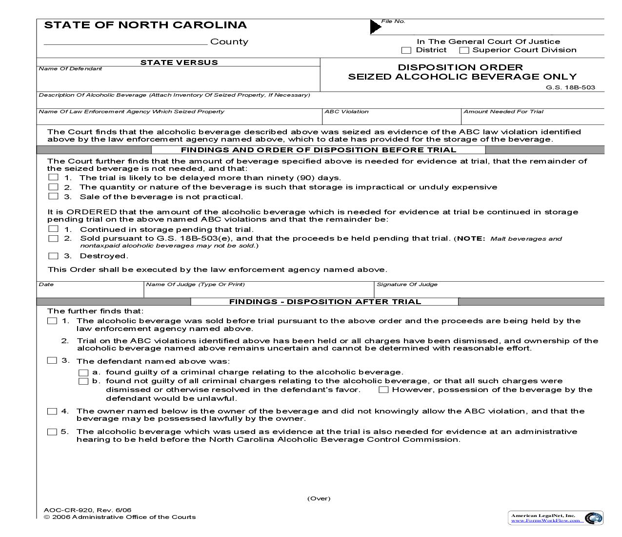 Disposition Order Seized Alcoholic Beverage Only {CR-920} | Pdf Fpdf Doc Docx | North Carolina