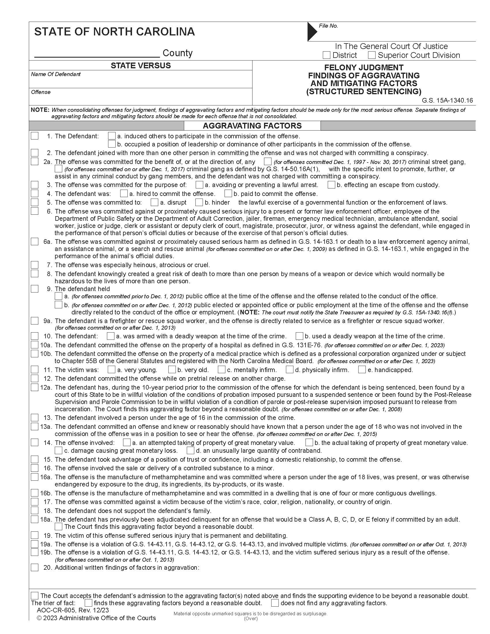 Felony Judgment Findings Of Aggravating And Mitigating Factors {CR-605} | Pdf Fpdf Docx | North Carolina