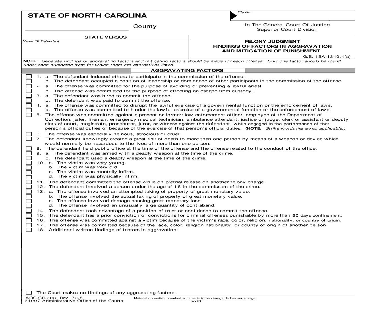 Felony Judgment Findings Of Factors In Aggravation And Mitigation Of Punishment {CR-303} | Pdf Fpdf Doc Docx | North Carolina