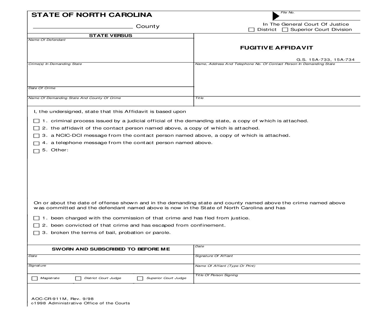 Fugitive Affidavit {CR-911M} | Pdf Fpdf Doc Docx | North Carolina