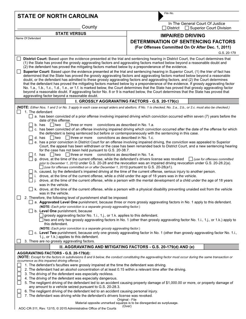 Impaired Driving Determination Of Sentencing {CR-311} | Pdf Fpdf Doc Docx | North Carolina