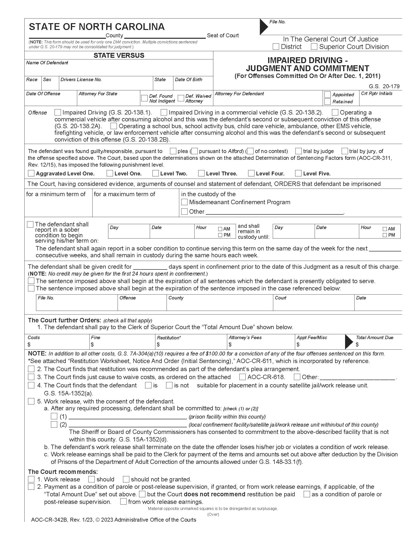Impaired Driving Judgment And Commitment (After 12-1-11) {CR-342B} | Pdf Fpdf Docx | North Carolina