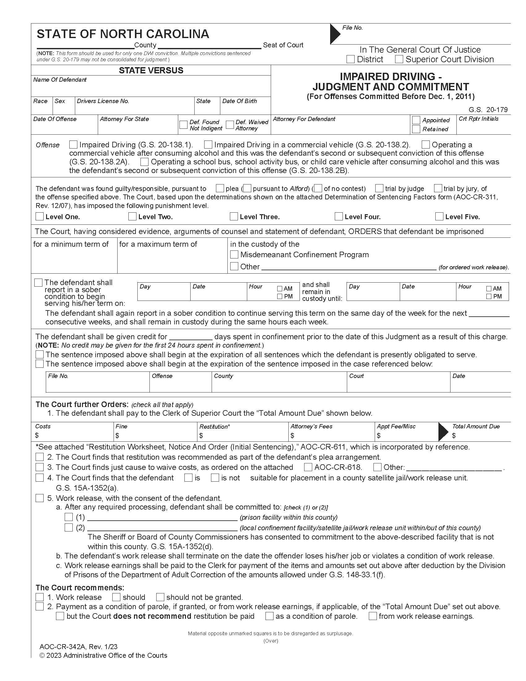 Impaired Driving Judgment And Commitment (Before 12-1-11) {CR-342A} | Pdf Fpdf Docx | North Carolina