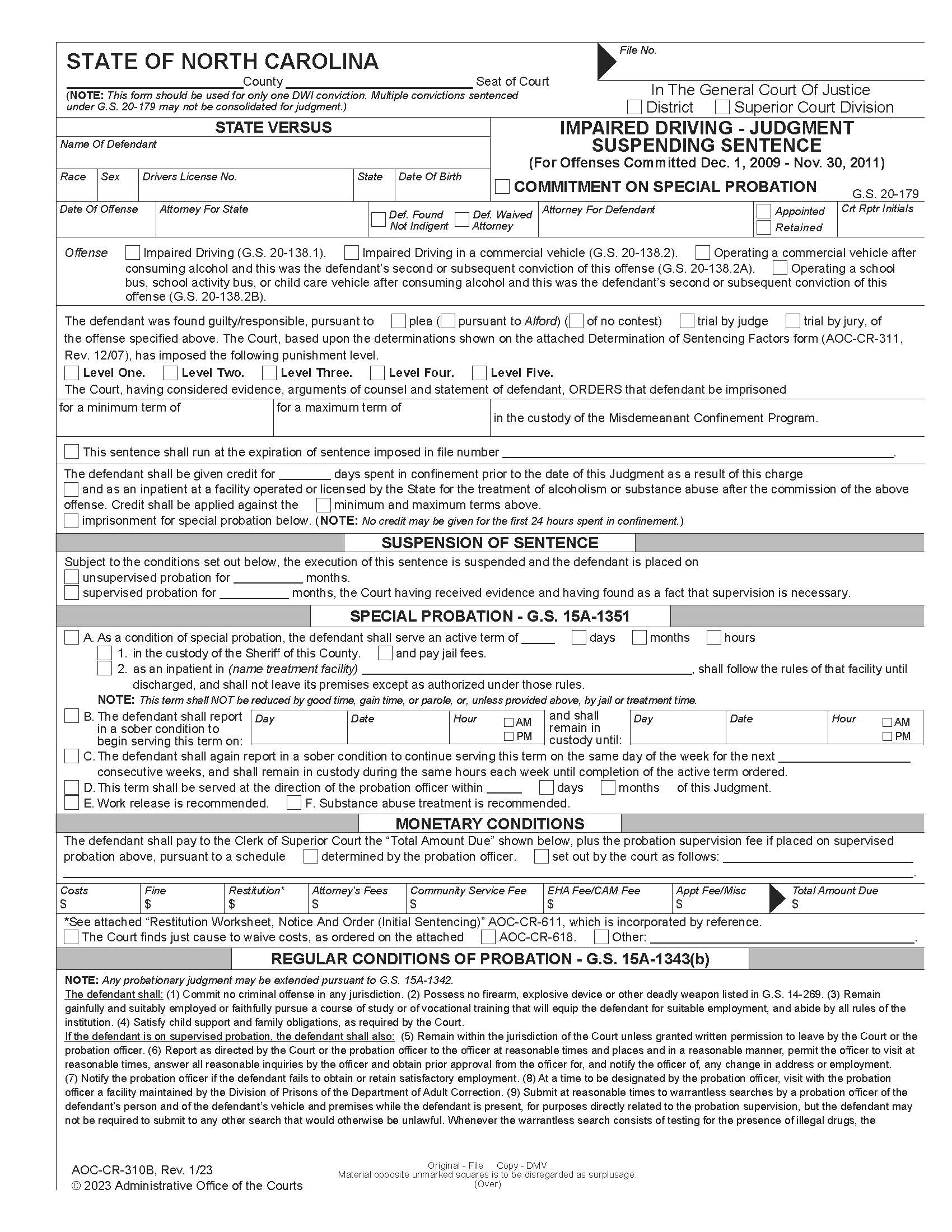 Impaired Driving Judgment Suspending Sentence (12-1-09 To 11-30-11) {CR-310B} | Pdf Fpdf Docx | North Carolina