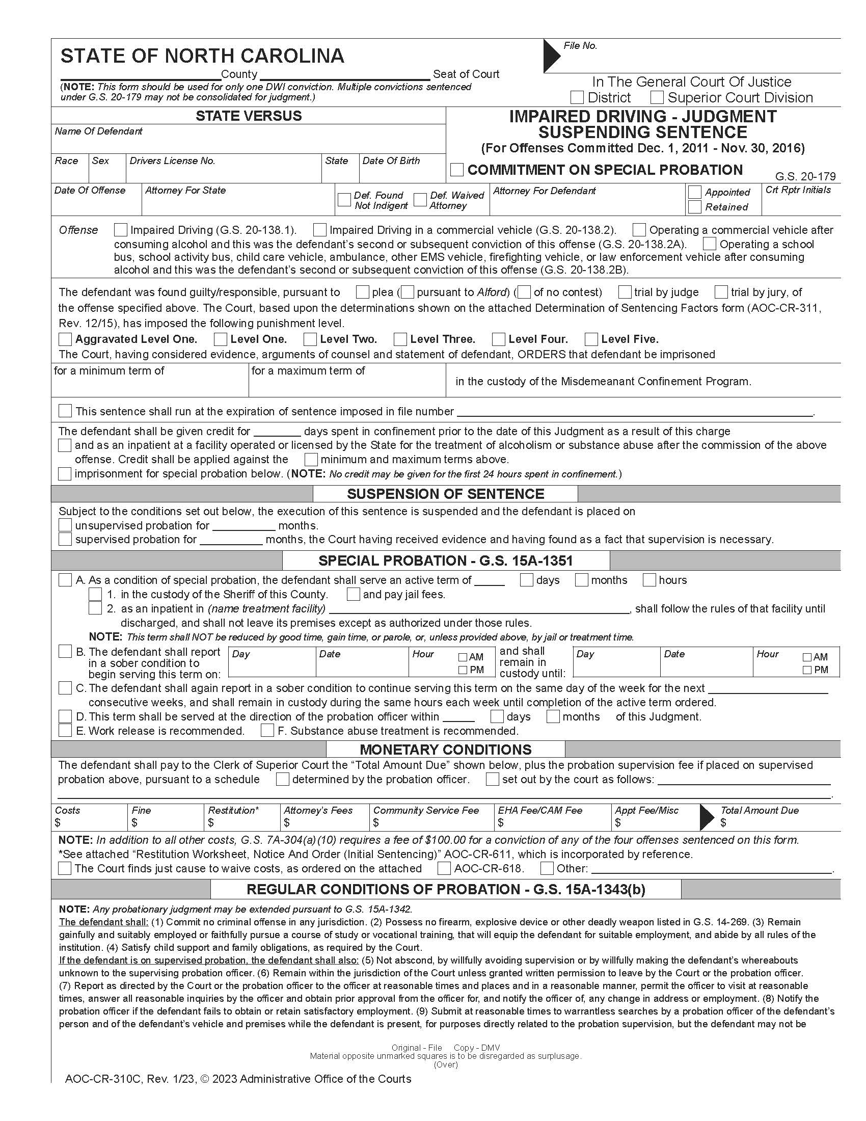 Impaired Driving Judgment Suspending Sentence (12-1-11 To 11-30-16) {CR-310C} | Pdf Fpdf Docx | North Carolina