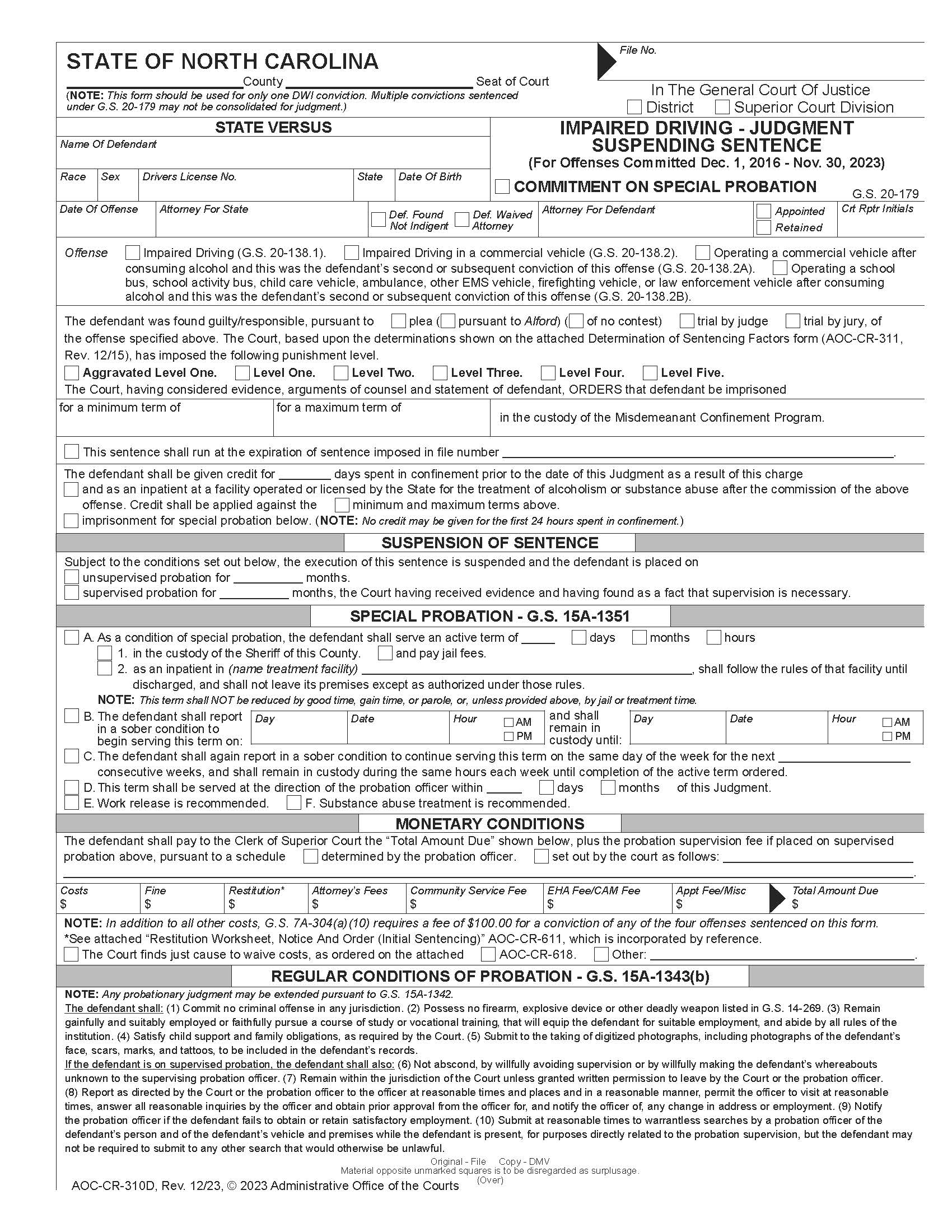 Impaired Driving Judgment Suspending Sentence (12-1-16 to 11-30-23) {CR-310D} | Pdf Fpdf Docx | North Carolina