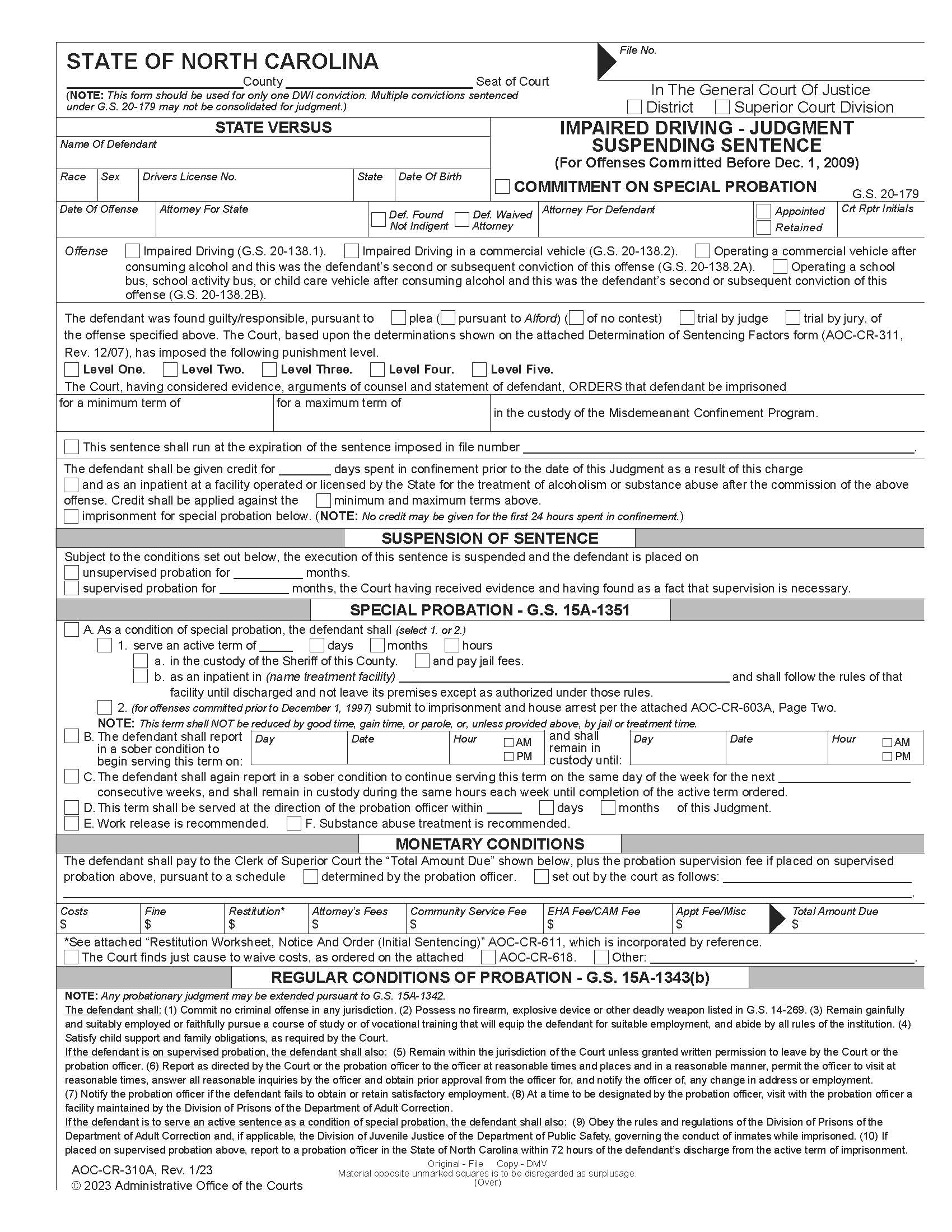 Impaired Driving Judgment Suspending Sentence (Before 12-1-09) {CR-310A} | Pdf Fpdf Docx | North Carolina