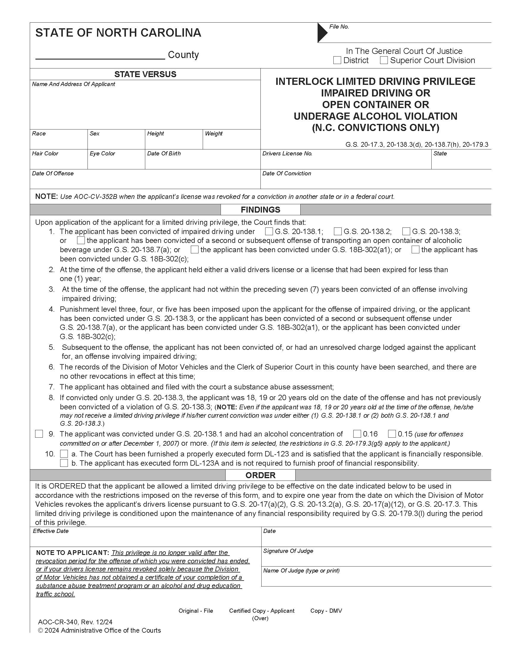 Interlock Limited Driving Privilege Impaired Driving {CR-340} | Pdf Fpdf Doc Docx | North Carolina