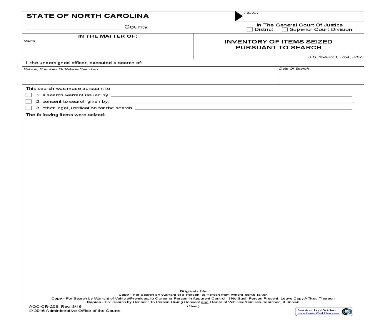 Inventory Of Items Seized Pursuant To Search {CR-206} | Pdf Fpdf Doc Docx | North Carolina