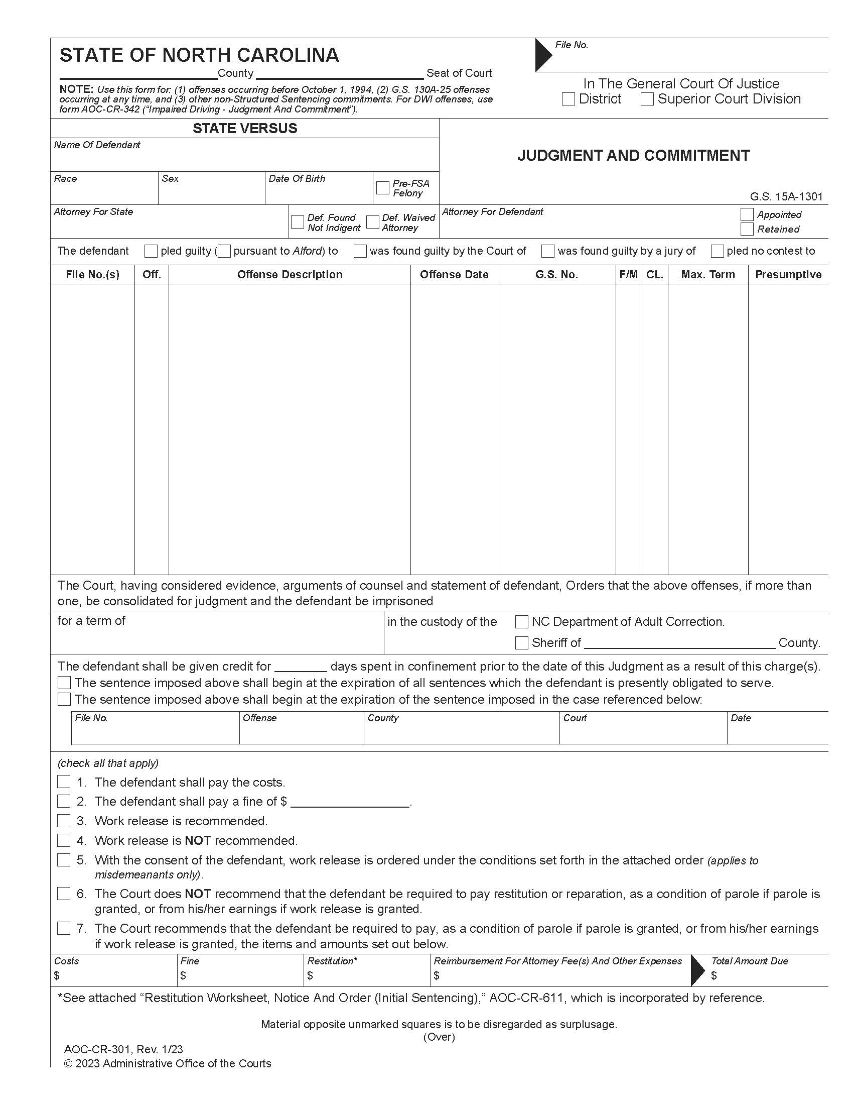 Judgment And Commitment {CR-301} | Pdf Fpdf Doc Docx | North Carolina