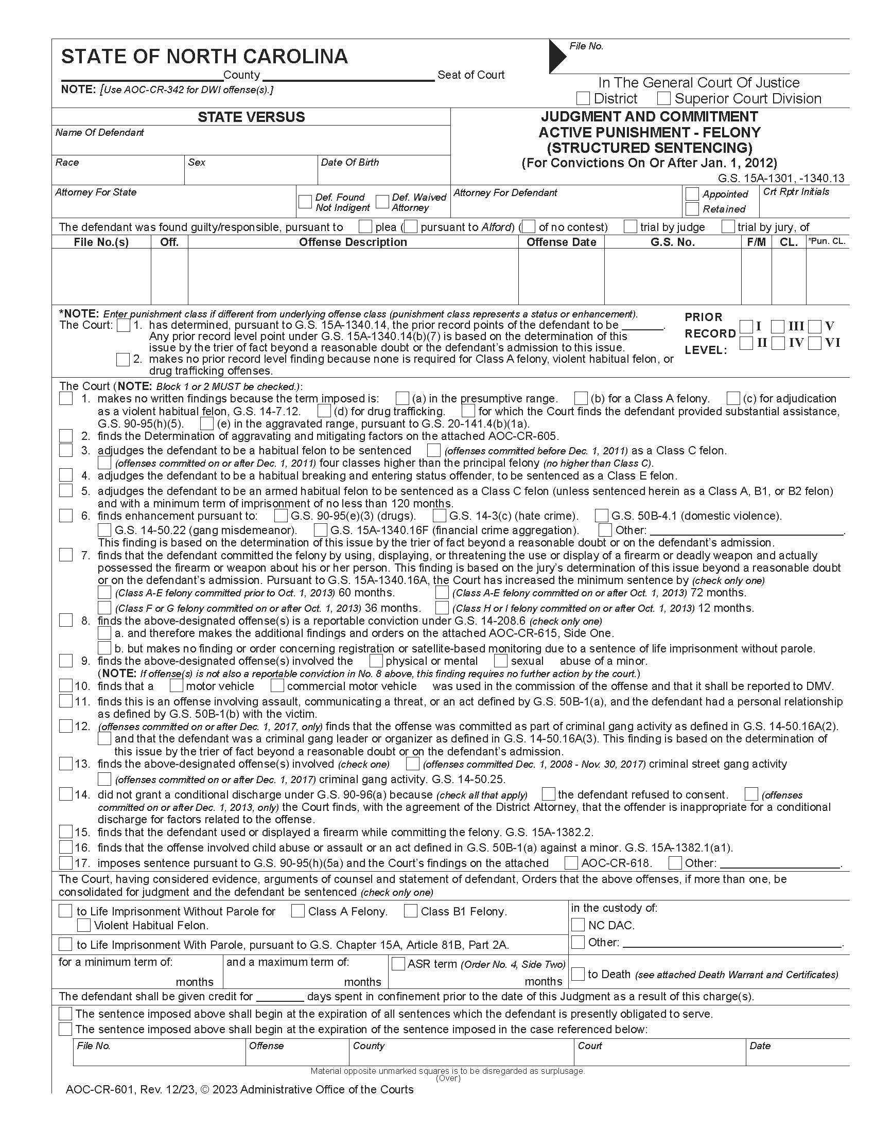 Judgment And Commitment Active Punishment Felony (After Jan. 1, 2012) {CR-601} | Pdf Fpdf Docx | North Carolina