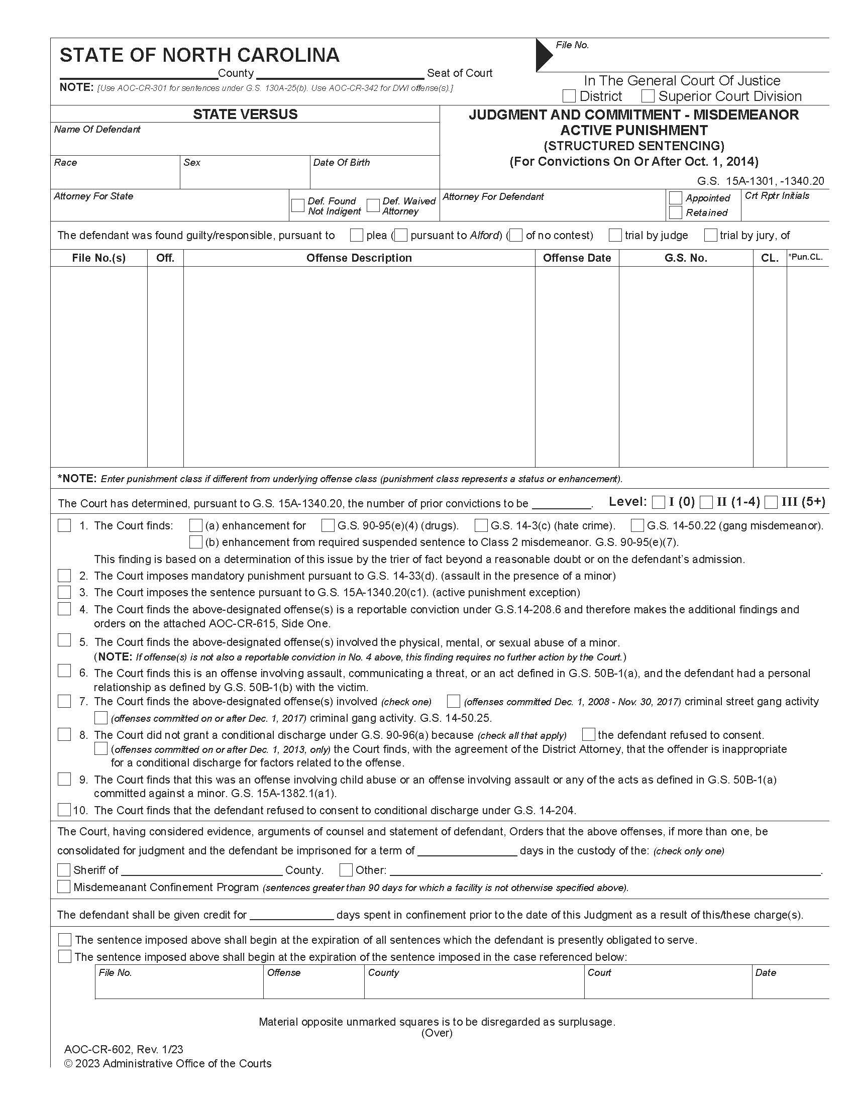 Judgment And Commitment Active Punishment Misdemeanors (After Jan. 1, 2012) {CR-602} | Pdf Fpdf Docx | North Carolina