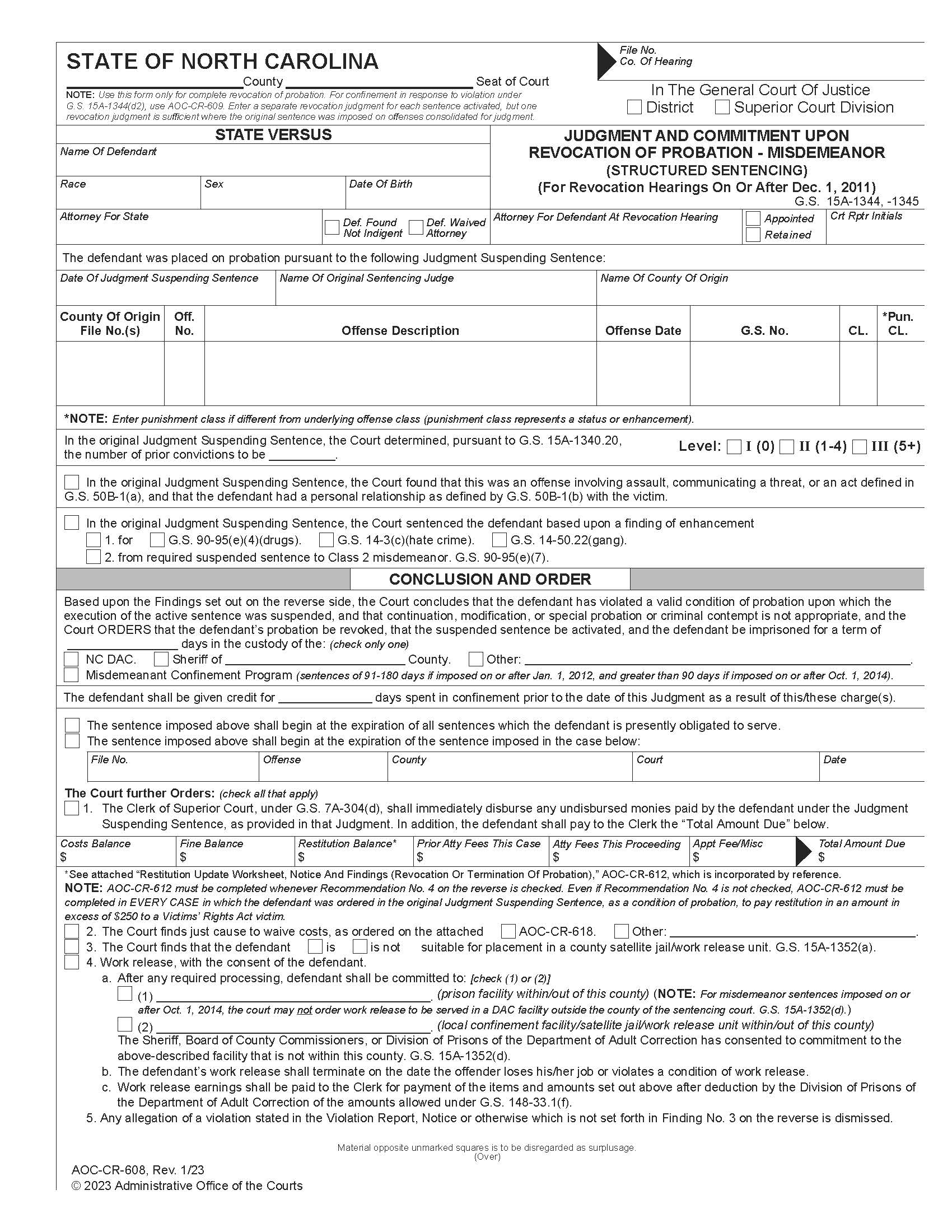 Judgment And Commitment Upon Revocation Of Probation Misdemeanor Structured Sentencing (After Dec. 1, 2011) {CR-608} | Pdf Fpdf Docx | North Carolina