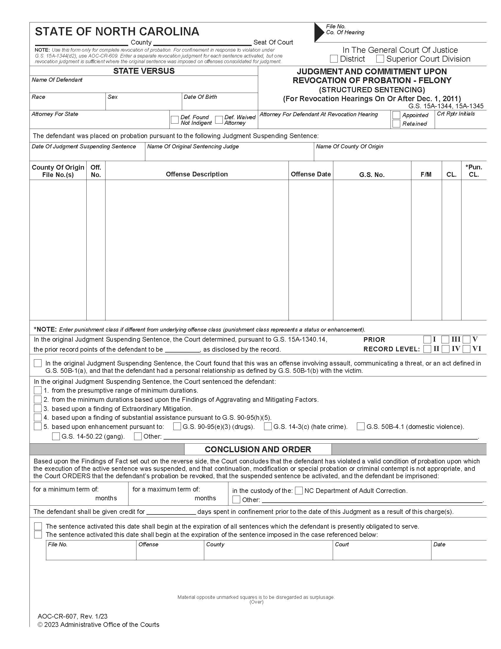 Judgment And Commitment Upon Revocation of Probation Felony Structured Sentencing (After Dec. 1, 2011) {CR-607} | Pdf Fpdf Doc Docx | North Carolina
