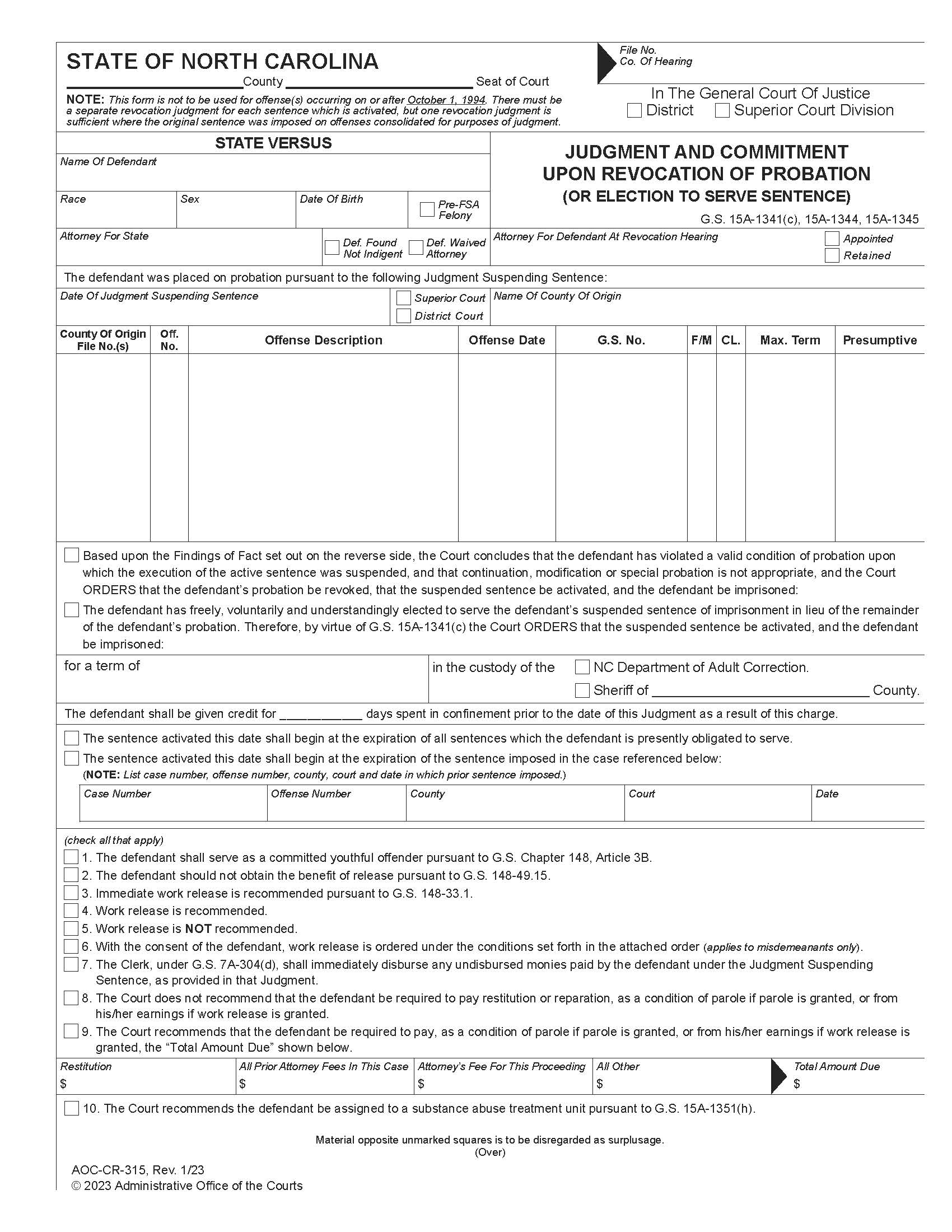 Judgment And Commitment Upon Revoction Of Probation {CR-315} | Pdf Fpdf Doc Docx | North Carolina