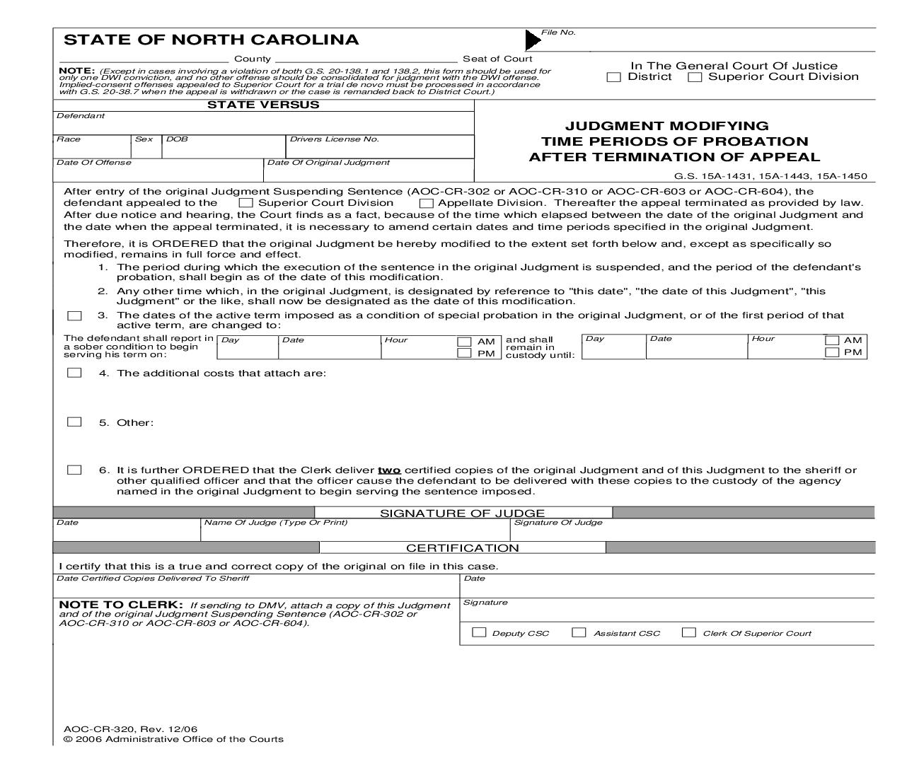 Judgment Modifying Time Periods Of Probation After Termination Of Appeal {CR-320} | Pdf Fpdf Doc Docx | North Carolina