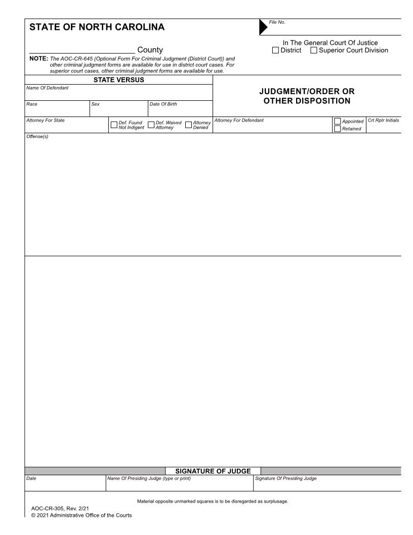 Judgment Order Or Other Disposition {CR-305} | Pdf Fpdf Docx | North Carolina