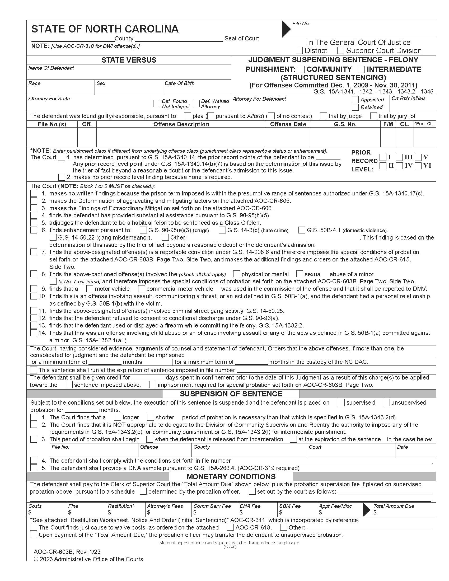 Judgment Suspending Sentence Felony (12-1-09 To 11-30-11) {CR-603B} | Pdf Fpdf Docx | North Carolina